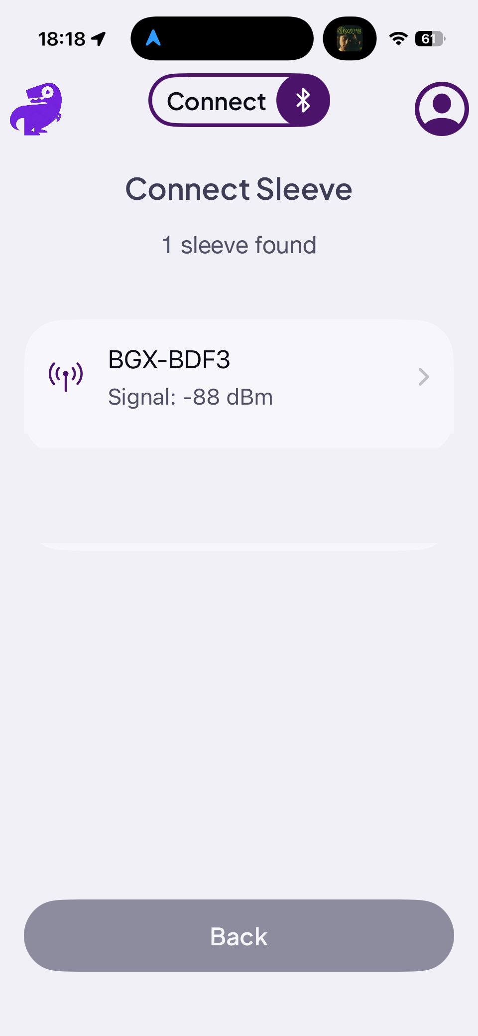 Connect Sleeve screen showing BGX devices found with signal strength