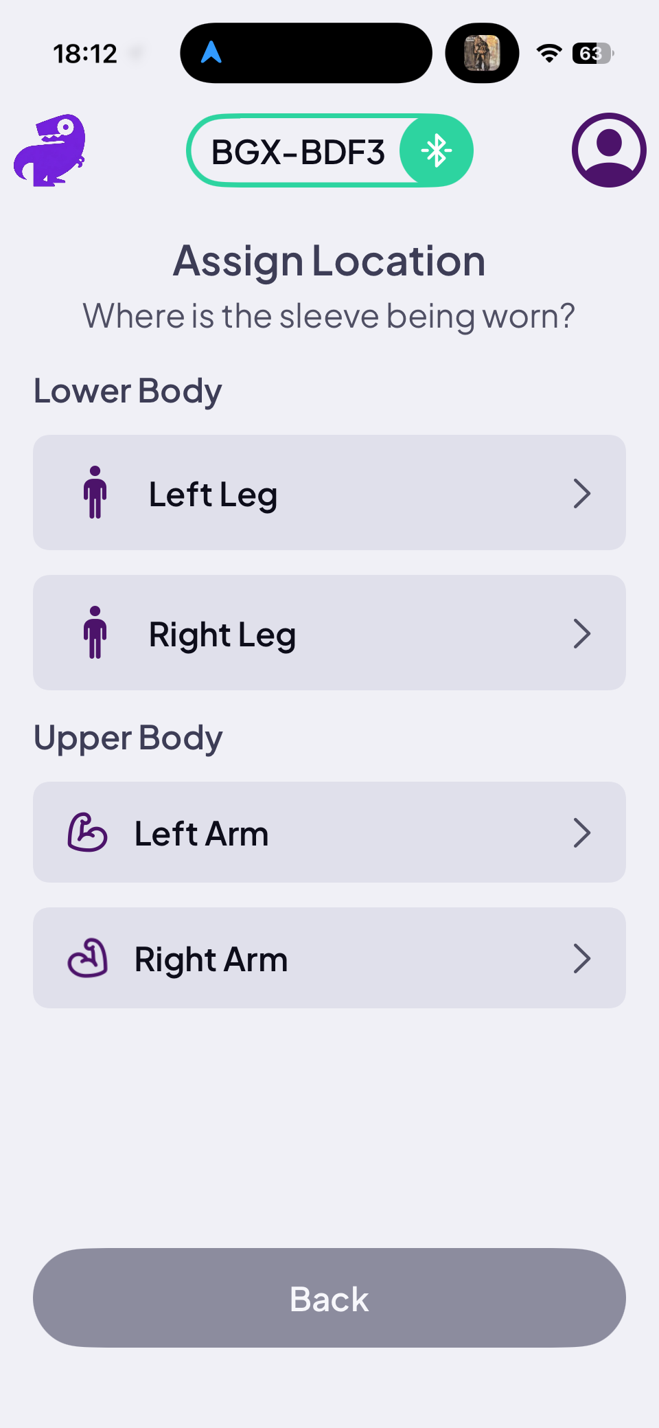 Assign Location screen with Left/Right Leg and Left/Right Arm options
