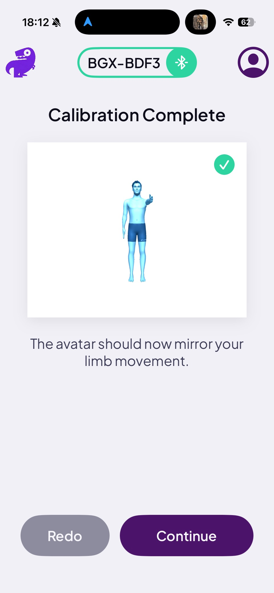 Calibration Complete screen — upper body