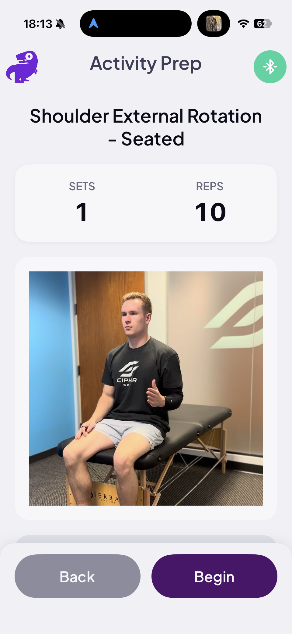 Activity Prep screen with exercise name, sets, reps, and reference photo