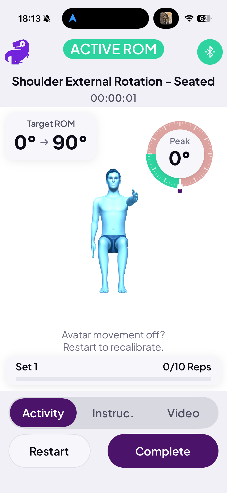 Exercise screen with target range, peak angle dial, and rep counter