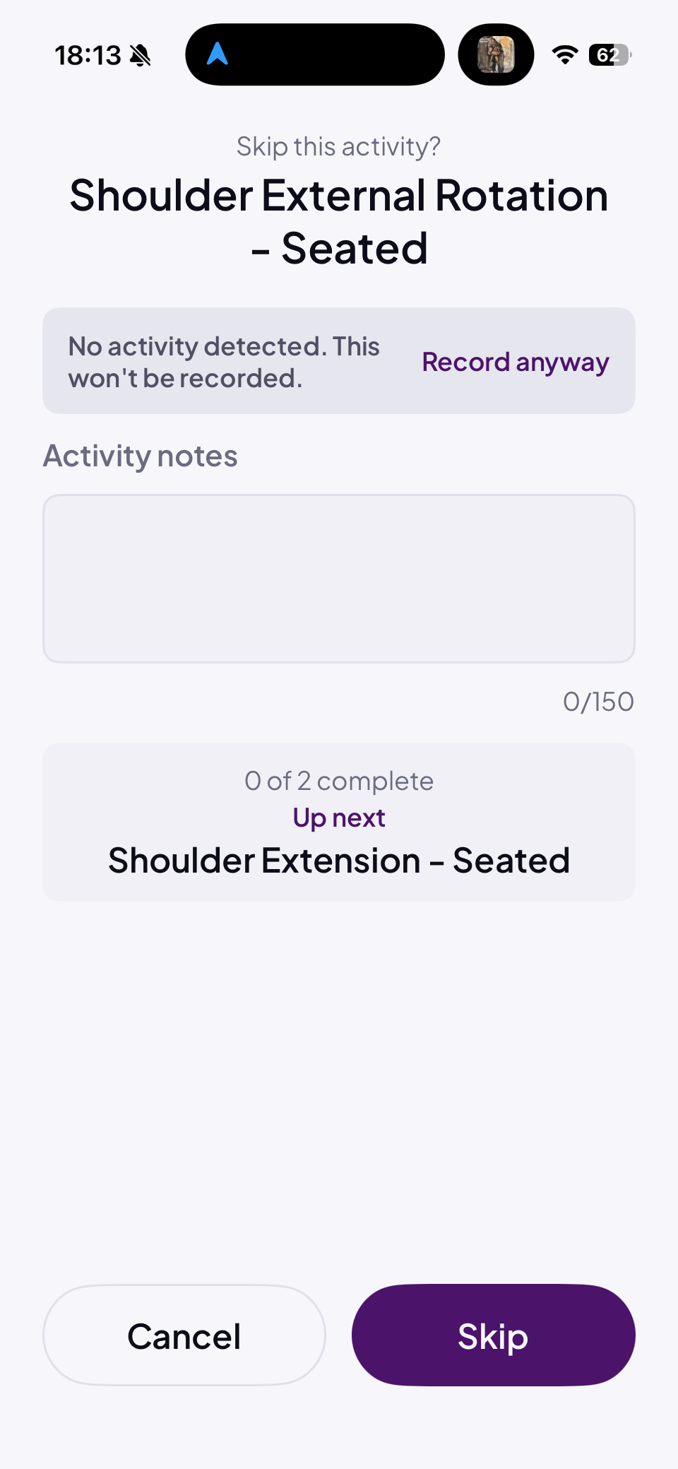 Activity Summary screen with optional notes field and Submit button