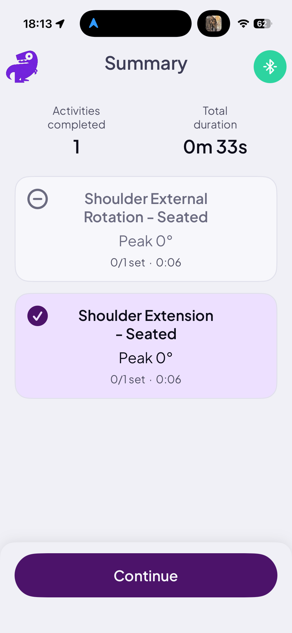 Summary screen showing all activities completed and total duration