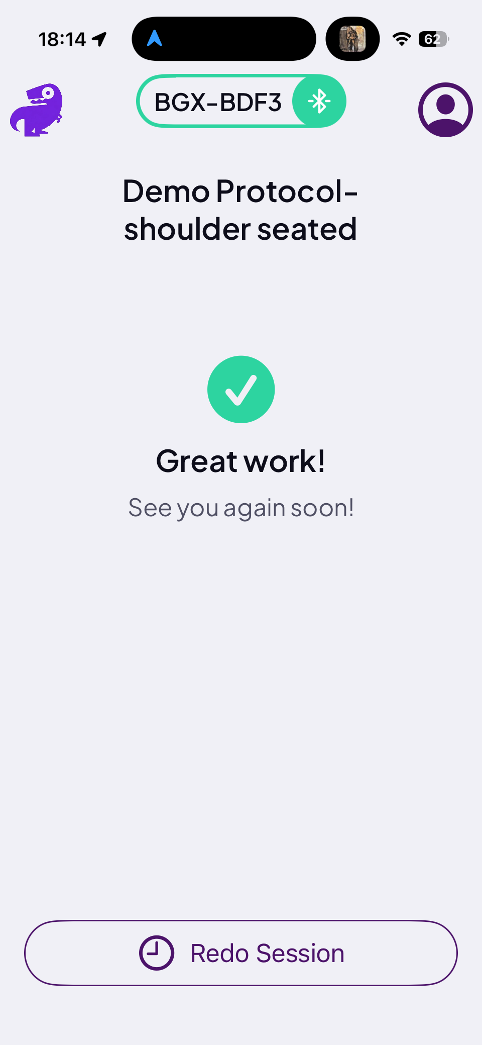 Great work confirmation screen with Redo Session button