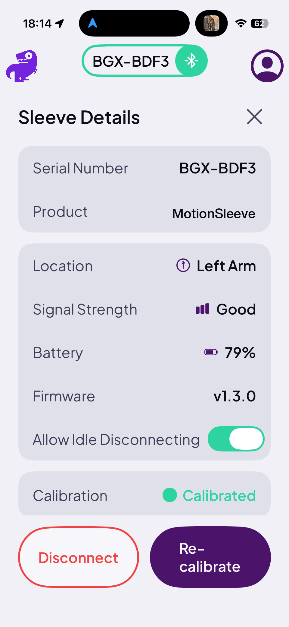Sleeve Details screen showing battery, signal strength, and calibration status