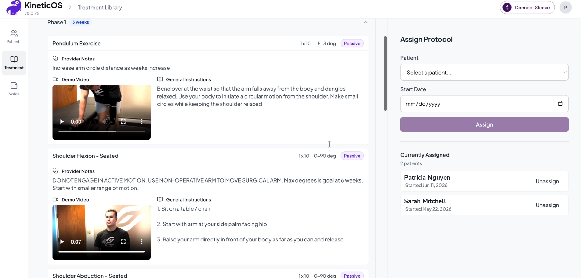 Protocol detail with the Assign Protocol panel — select patient, start date, and Assign