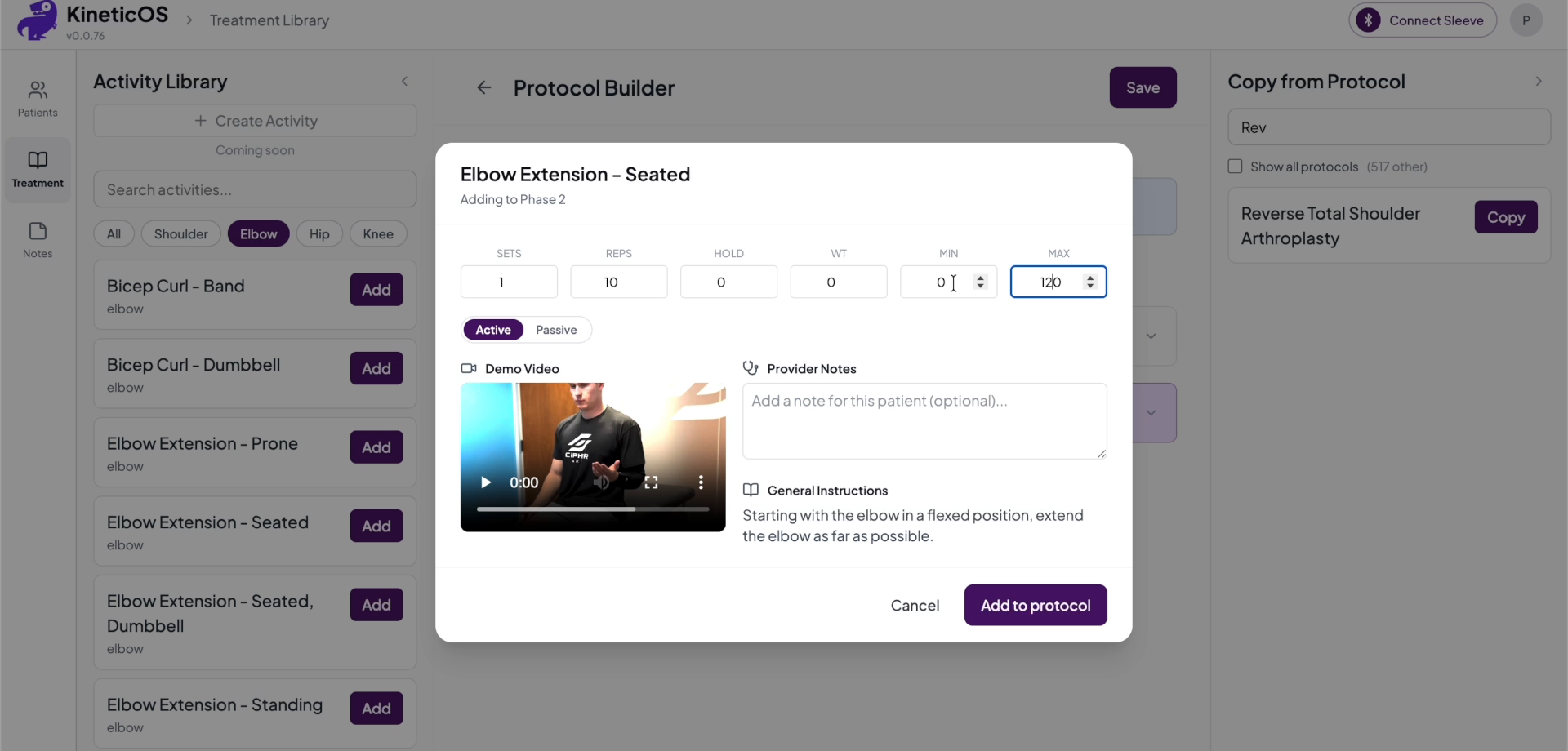 Activity configuration with sets, reps, ROM, provider notes, and the provided demo video