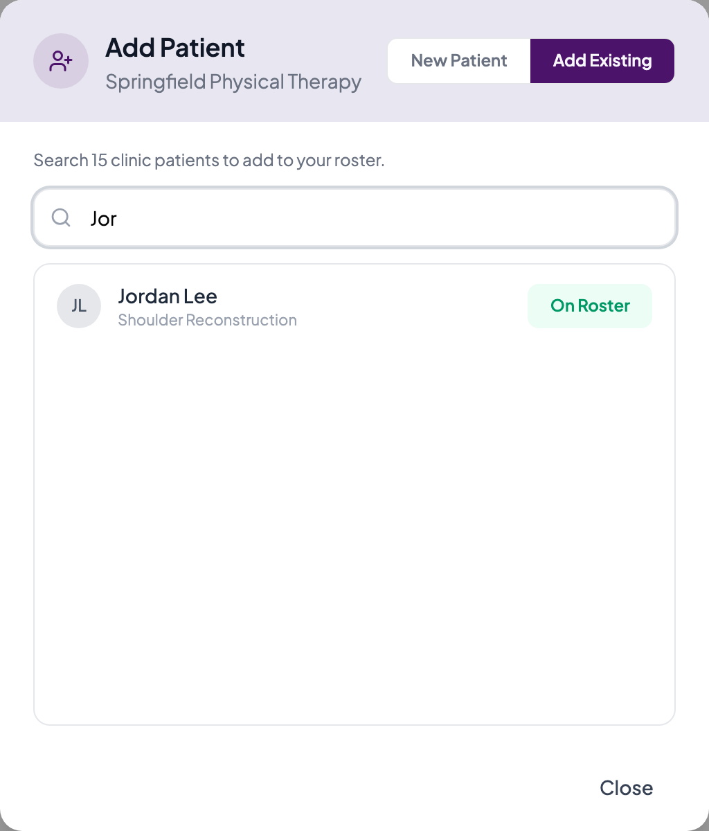 Add Patient dialog, Add Existing tab, searching clinic patients to add to the roster
