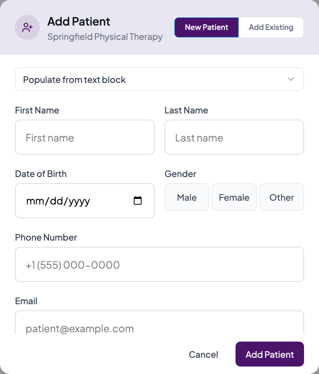 Add Patient dialog, New Patient tab, with name, date of birth, gender, phone, and email fields