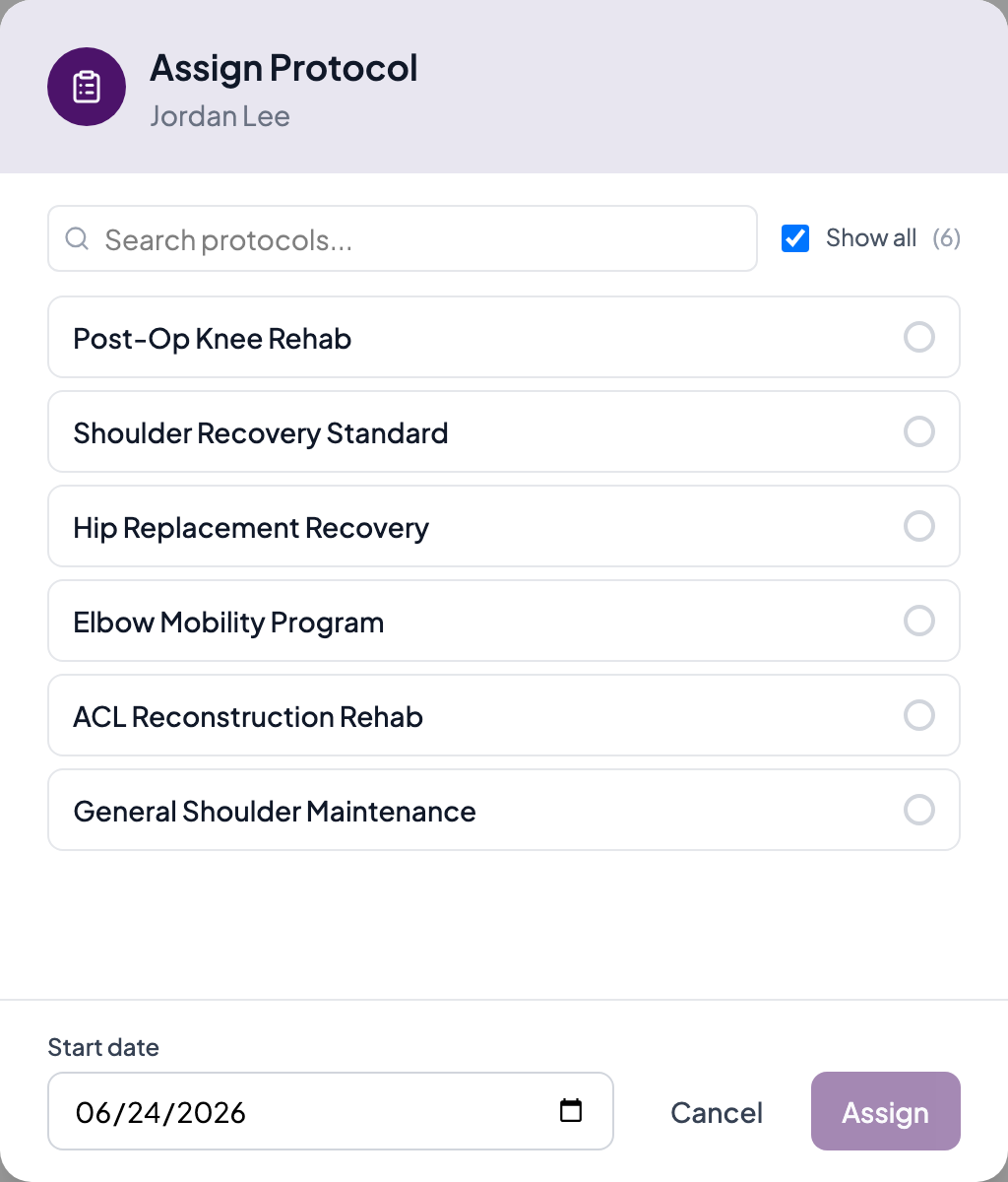 Assign Protocol dialog opened from a patient, with protocol search and start date