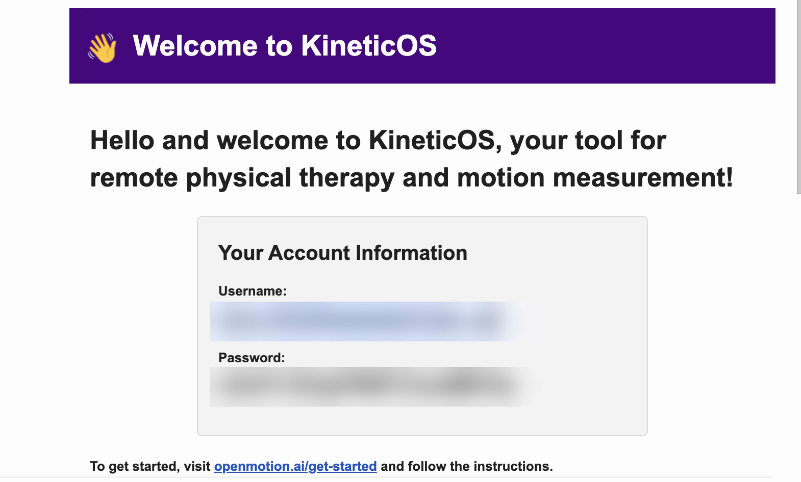 Welcome to KineticOS email showing the patient's username, temporary password, and a get-started link