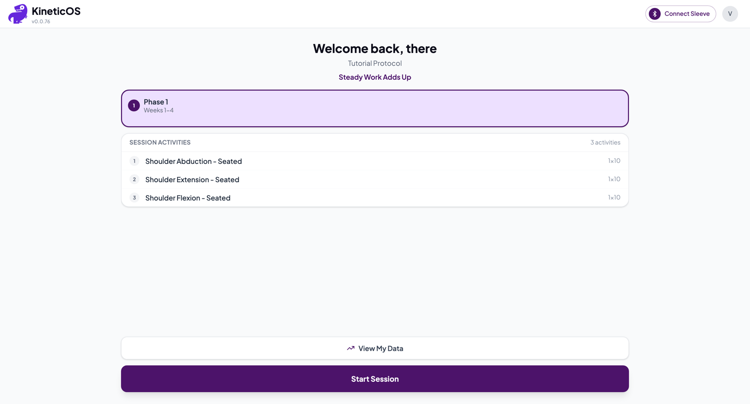 KineticOS browser home screen with the protocol, Connect Sleeve button, and Start Session