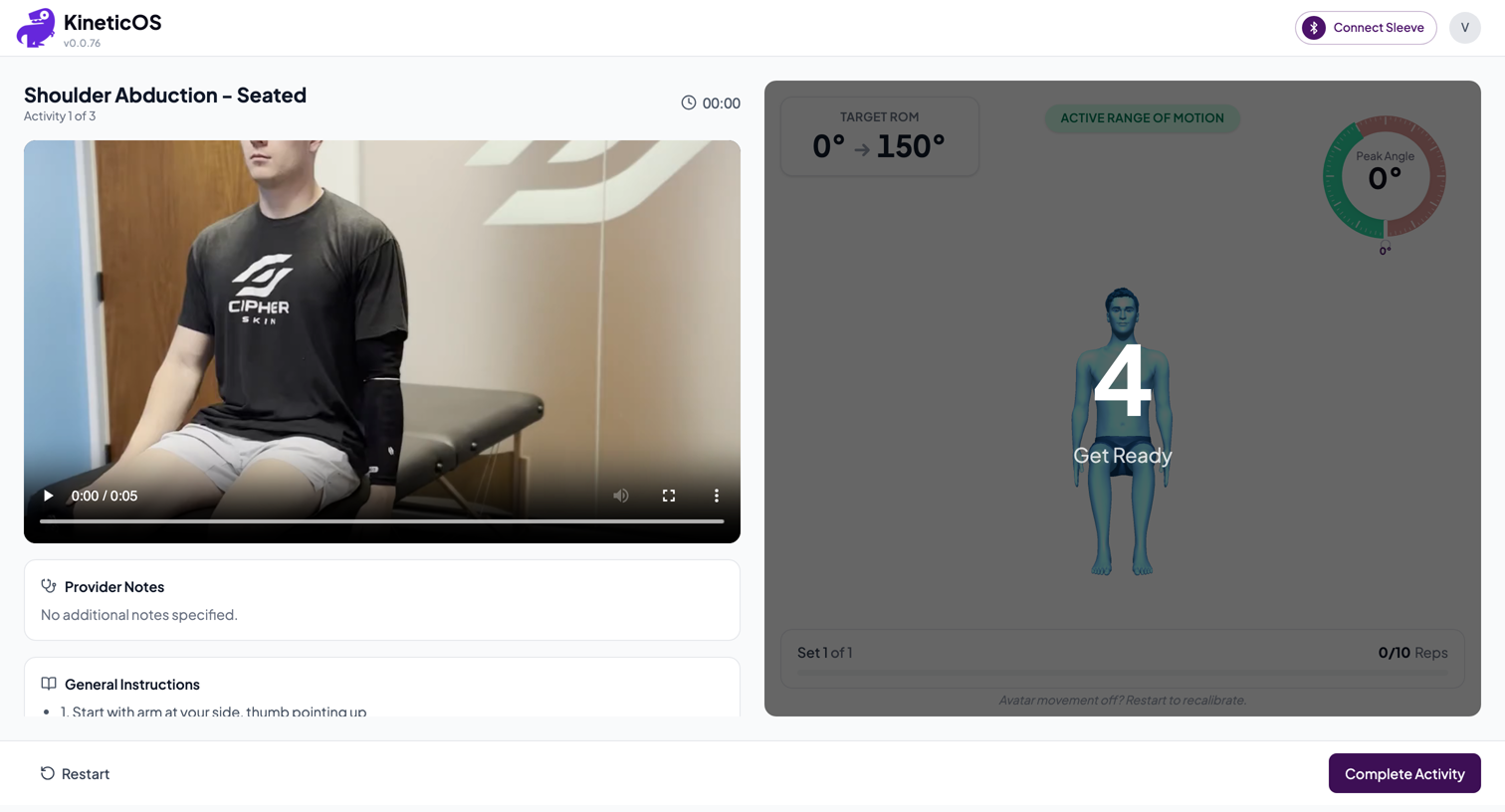 Live activity screen with demo video, target ROM, peak-angle dial, avatar, and rep count