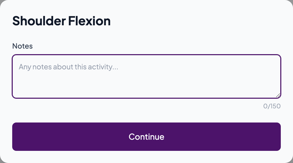 Activity summary with an optional notes field and Continue button