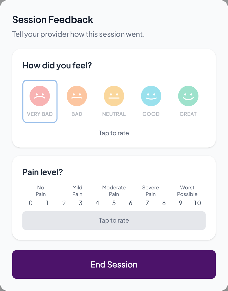 Session feedback with How did you feel and Pain level scales and End Session