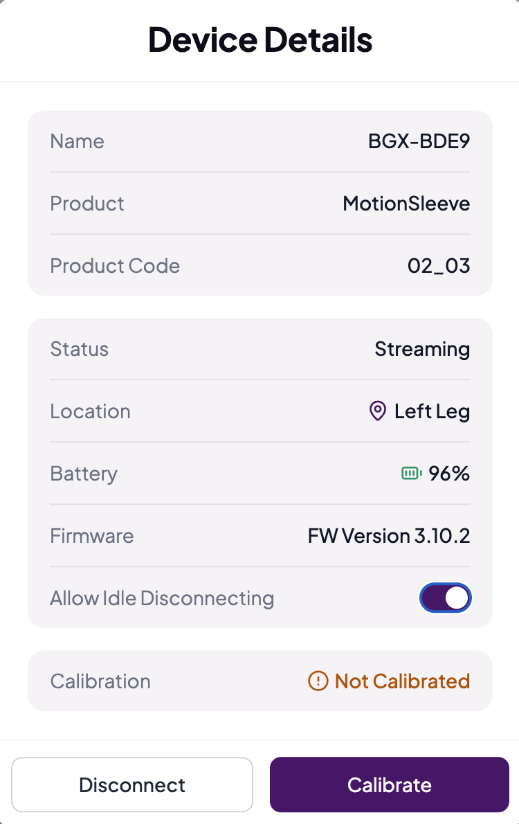 Device Details showing a Not Calibrated status with a Calibrate button