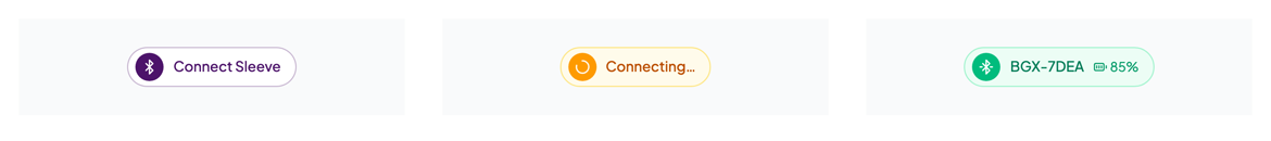 Connect button states: Connect Sleeve, Connecting, and connected showing the device and battery