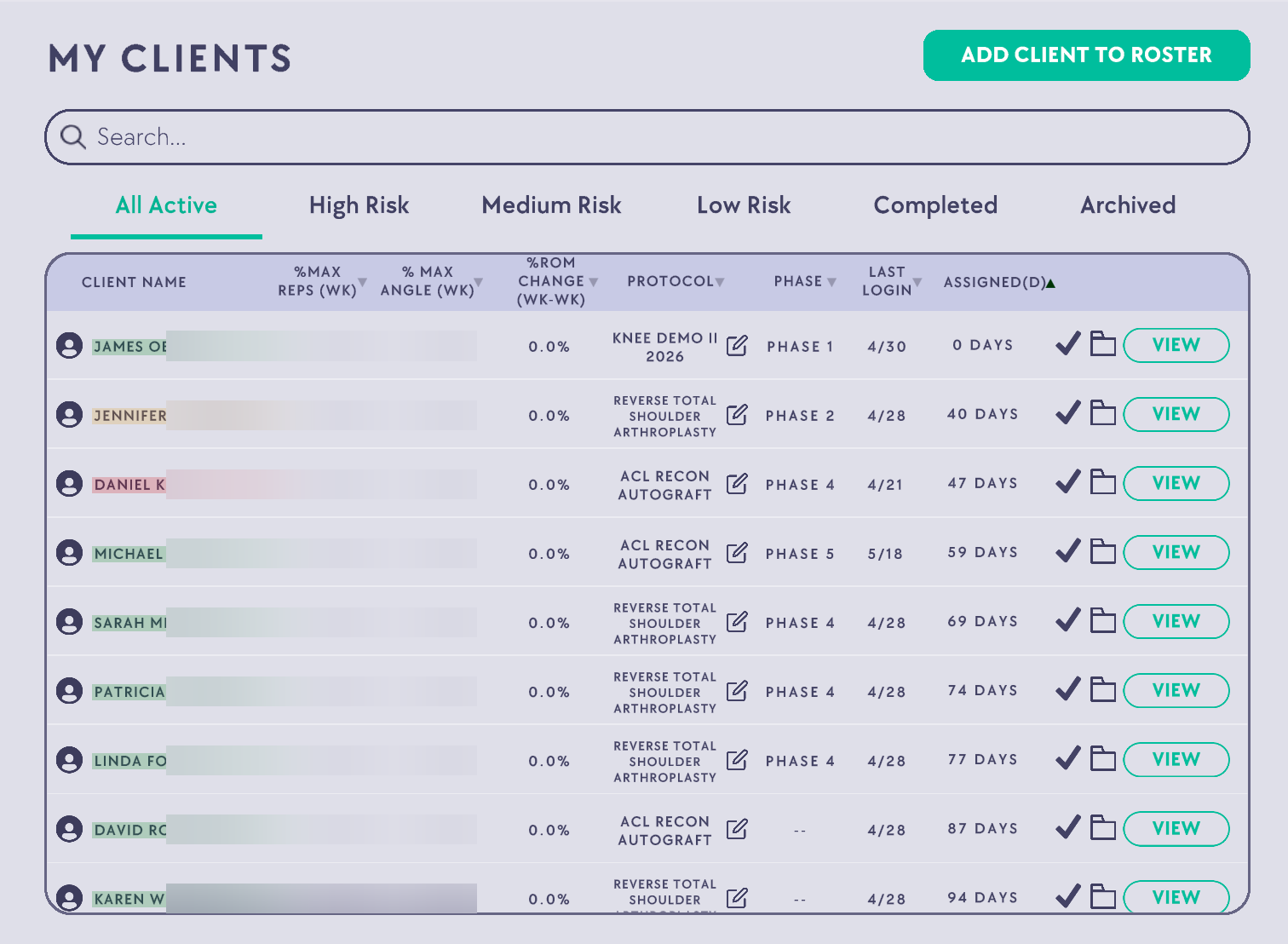 KineticOS clinician dashboard — My Clients panel with color-coded patient status (green / yellow / red), protocol, phase, and recent activity.