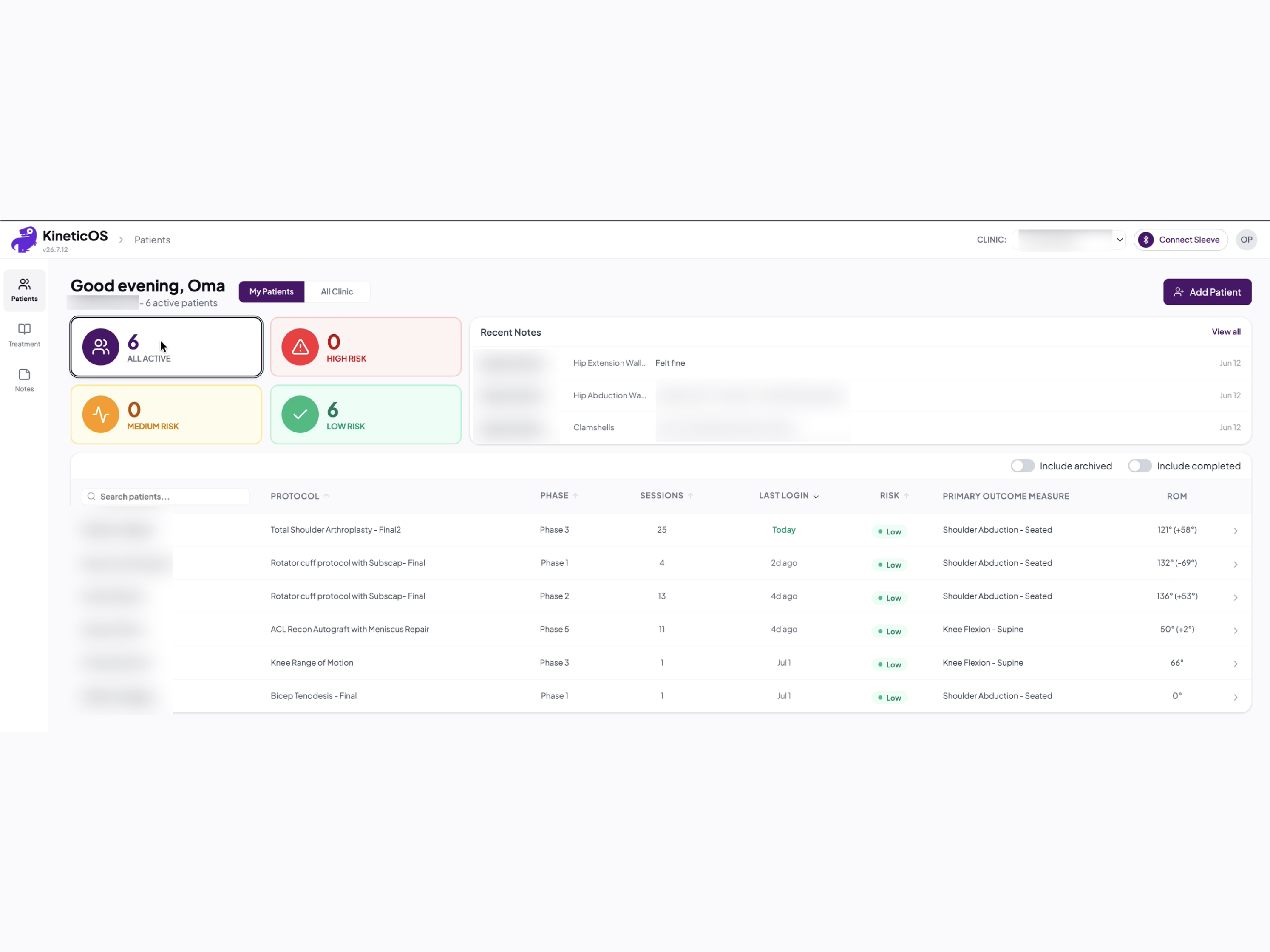 KineticOS clinician dashboard — patient roster with red, yellow, and green risk counts, and per-patient protocol, phase, sessions, risk status, and ROM (demo data).